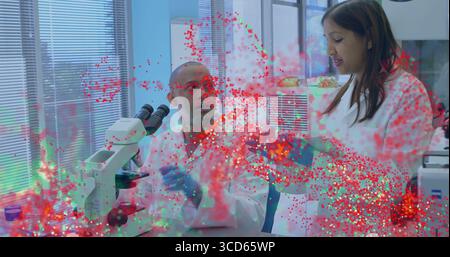 Two scientists examining samples under microscope in lab, wearing labcoats with digital overlay Stock Photo
