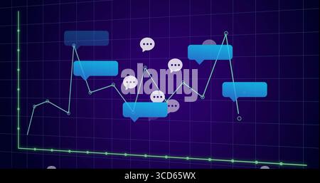 Displaying line graph moving through dark purple grid panel with neon green axes and chat bubbles Stock Photo