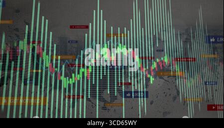 Displaying neon candlestick chart over city skyline, with light-blue gridlines and notifications Stock Photo