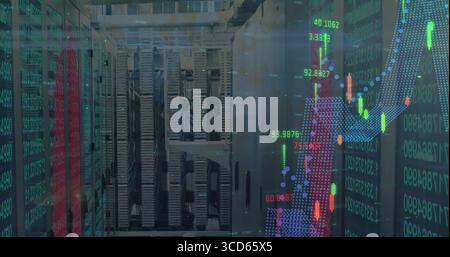 Displaying server rack cabinets hosting scrolling code and stock charts in server room Stock Photo