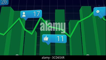 Displaying chart showing green bar columns with line graph on dashboard, with blue callout labels Stock Photo