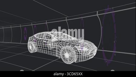 Displaying white wireframe sedan model on grid floor inside 3D tunnel, with purple glowing rings Stock Photo