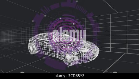 Displaying white wireframe car model in 3D workspace, with perspective grid lines and purple HUD Stock Photo