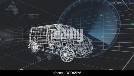 Rotating wireframe van model in 3D space, with grid floor, world map overlay and HUD elements Stock Photo