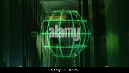 Korean IT technician inspecting holographic globe in data center corridor with tablet, server racks Stock Photo