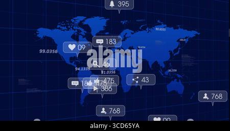 Displaying stylized world map with grid showing global metrics on dashboard, with social icons Stock Photo