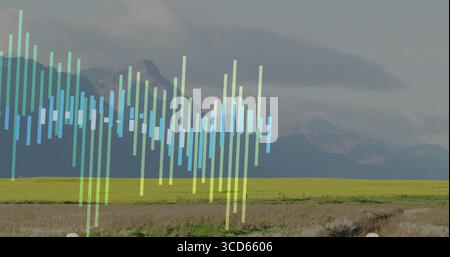 Displaying translucent vertical bars forming chart overlay over rural valley farmland, showing data Stock Photo