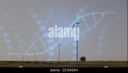 Displaying white wind turbine tower spinning on grassy field, with glowing DNA helix, copy space Stock Photo