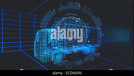 Showing wireframe semi truck model rotating within virtual 3D grid, with digital HUD Stock Photo