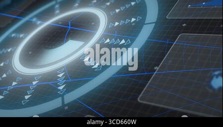 Displaying HUD projecting glowing ring segment on HUD system, with triangular pointers, grid, panel Stock Photo