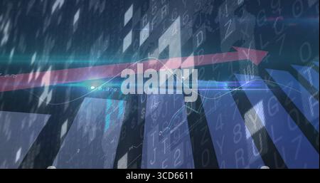 Streaming red upward arrow streaking across panels in dashboard, displaying codes, flares, graphs Stock Photo