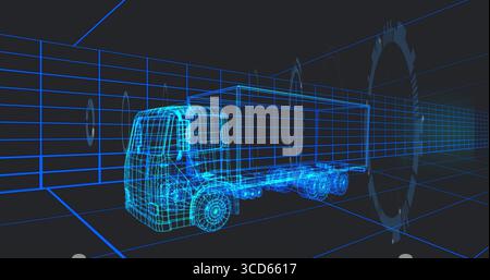 Displaying 3D wireframe semi-truck model rotating in grid space, with grid lines and gear outlines Stock Photo