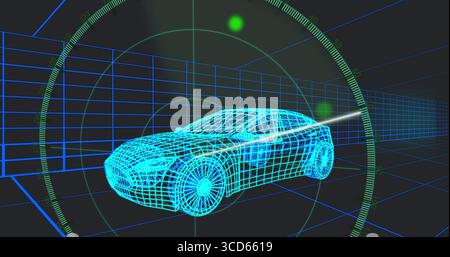 Displaying wireframe sedan car model scanning in 3D grid tunnel, with radar HUD and tracking dots Stock Photo