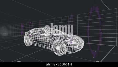 Displaying wireframe car model rotating above grid floor and walls, with purple portals and arrows Stock Photo