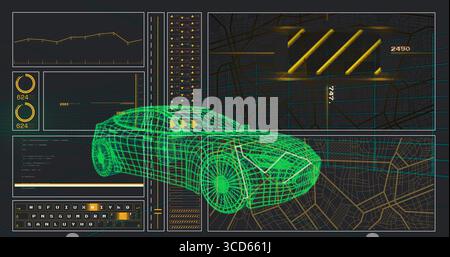 Displaying neon green 3D wireframe car model in dashboard interface, with line graph and bar charts Stock Photo