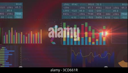 Displaying dashboard on dark screen, showing bar, pie, line charts and tables with red lens flare Stock Photo