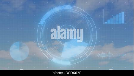 Displaying central round radar HUD over open sky with pie chart bar graph waveform grid overlay Stock Photo