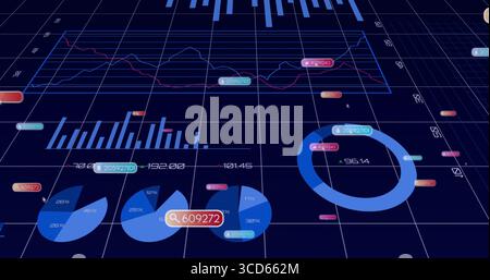 Displaying donut chart showing segmented blue ring on 3D grid plane, numeric labels, copy space Stock Photo