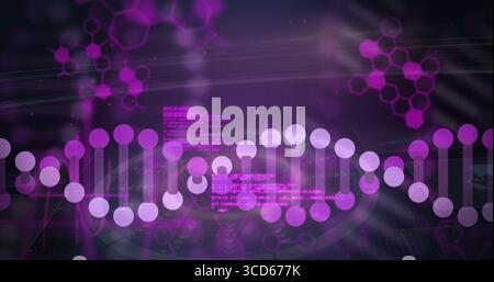 Displaying DNA double-helix model floating in virtual space, with hexagonal motifs and code stream Stock Photo