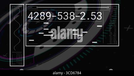 Displaying central numeric panel rotating data fragments in virtual HUD, with waveform binary panel Stock Photo