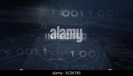 Displaying INFECTED text label on security dashboard with floating binary digits and circuit traces Stock Photo