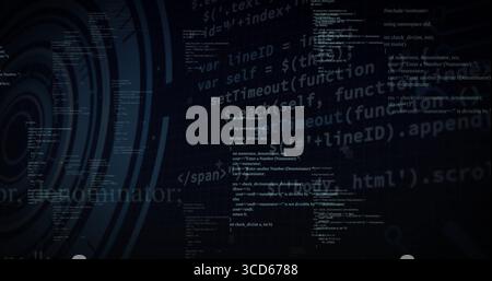 Displaying code column floating on grid overlay, with abstract circles and JavaScript C++ snippets Stock Photo