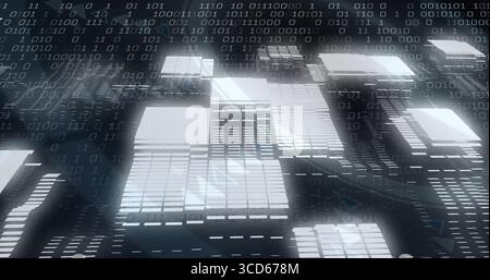 Floating illuminated data panels streaming across cyberspace grid, with binary code, light trails Stock Photo