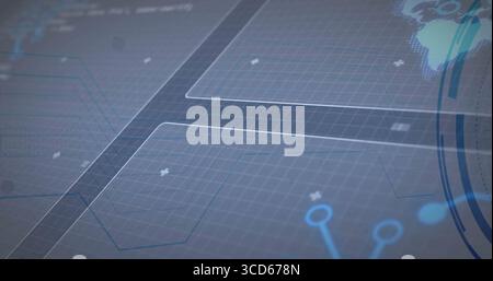 Displaying HUD interface in control panel, hex panels, grid net, circular HUD elements, world map Stock Photo