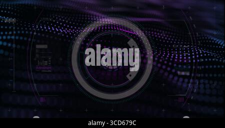 Displaying central circular HUD element glowing on virtual cyber panel, with purple and blue arrays Stock Photo