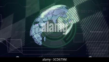 Displaying 3D globe with hex grid in digital interface, showing scanning rings and timestamp codes Stock Photo