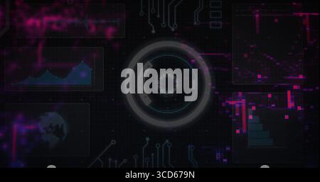 Central HUD element hovering in dark grid dashboard, streaming neon circuit traces and data panels Stock Photo