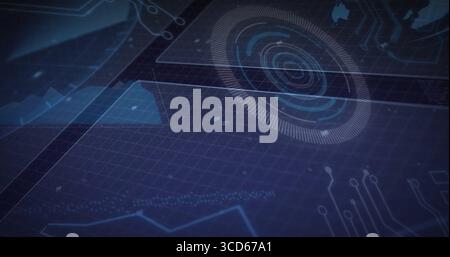 Displaying circular HUD element rotating in dashboard, with grid floor and data clusters Stock Photo