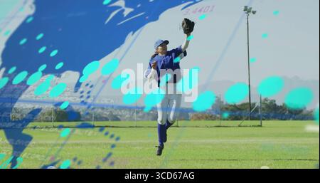 Leaping female baseball player catching ball on baseball field, with glove, cap and digital overlay Stock Photo