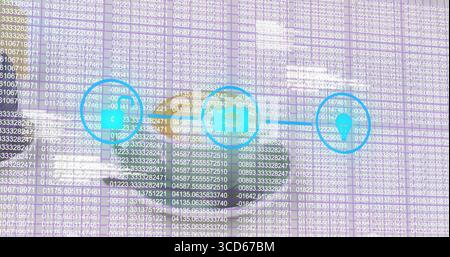 Displaying arrow linking shopping bag, briefcase, and location pin on dashboard with code overlay Stock Photo