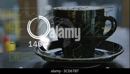Displaying black ceramic coffee cup projecting holographic UI elements on wood table, tech theme Stock Photo