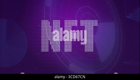 Displaying NFT letters glowing in purple digital interface with binary dots, HUD rings, grid lines Stock Photo