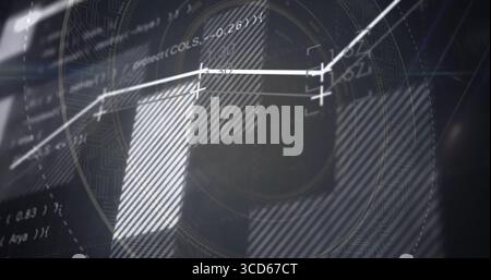 Displaying white graph line with data markers spanning digital screen grid, showing code snippet Stock Photo
