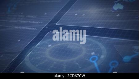 Displaying circular radar HUD element in virtual dashboard, with data panels and code overlays Stock Photo