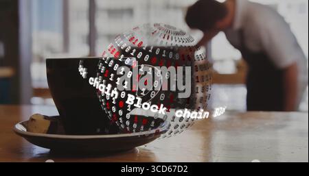Sitting ceramic coffee cup and saucer displaying glowing code sphere, with blockchain text in cafe Stock Photo