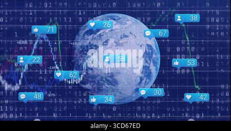 Rotating Planet Earth over binary code in data visualization, showing line charts and social icons Stock Photo