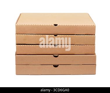 Stack of blank brown cardboard pizza boxes isolated on white Stock Photo