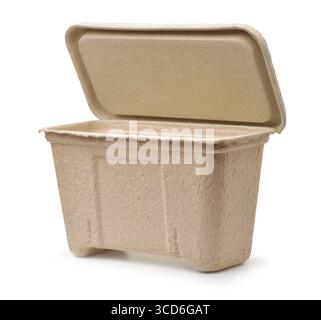 Molded paper pulp packaging container with open cover isolated on white Stock Photo