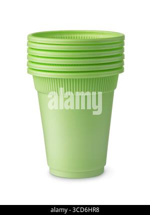 Stack of green disposable biodegradable plastic cups isolated on white Stock Photo