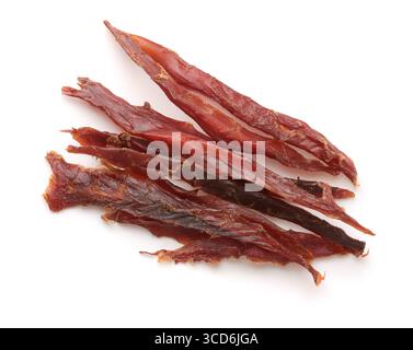 Top view of dried salted fish strips isolated on white Stock Photo
