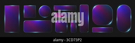Neon glass frames with glowing blue red and purple edges on dark background. Transparent rectangles circles ovals and rounded shapes for modern tech b Stock Vector