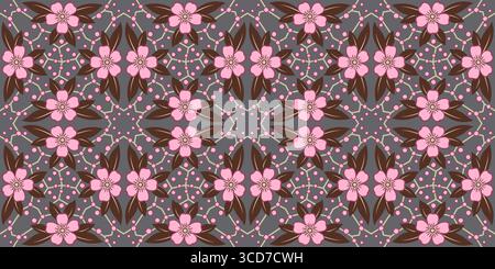 Complex seamless pattern of flowers. Classic plant ornament. Calm soft colors. Elegant ornate floral decor. Pink flowers and brown leaves on dark gray Stock Vector