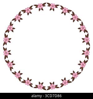 Round frame of flowers and leaves. Fantasy plant ornament. Calm soft colors. Romantic floral decor. Pink flowers and brown leaves on white background. Stock Vector