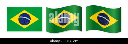 Set of Brazilian flags, flag variations. Waving and classic concept. Flag of Brazil creative design. Badge template Stock Vector