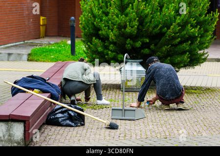 Two individuals remove weeds from pavement in an urban park, using hand tools, broom, dustpan, and trash bag for cleanup Stock Photo