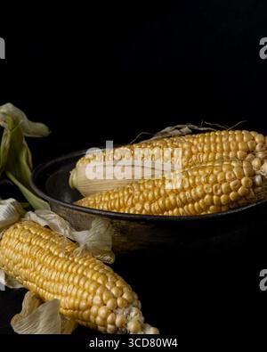 Close-up view of fresh corn cobs with yellow kernels and silk strands, placed on a dark background, showcasing texture and detail in natural light. Stock Photo